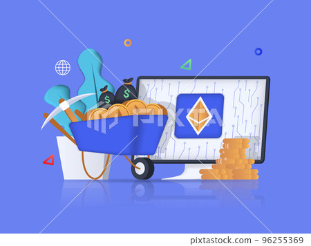 Cryptocurrency concept 3D illustration. Icon composition with computer screen with crypto sign and blockchain, stack of coins, cart and pick for money mining. Vector illustration for modern web design 96255369