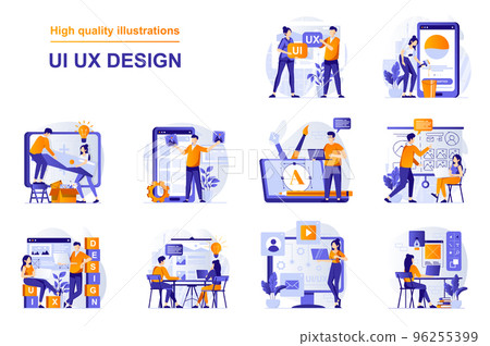UI UX design web concept with people scenes set in flat style. Bundle of designers doing research and prototyping, creates usability layout for mobile apps. Vector illustration with character design UI UX design web concept with people scenes set in flat style. Bundle of designers doing research and prototyping, creates usability layout for mobile apps. Vector illustration with character design 96255399
