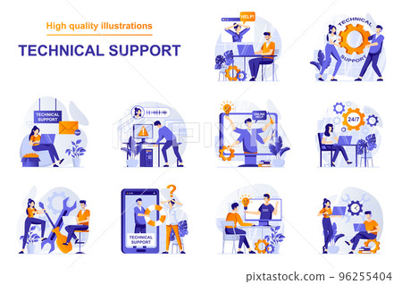 Technical support web concept with people scenes set in flat style. Bundle of customer service, solving tech problems via online chat and calling, feedback. Vector illustration with character design 96255404