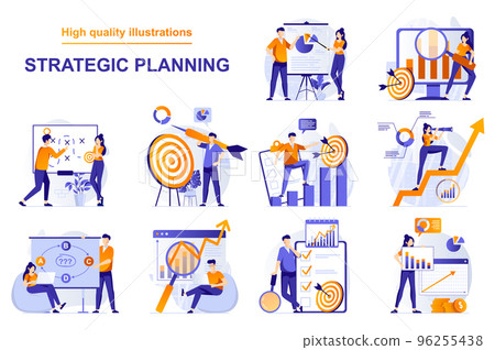 Strategic planning web concept with people scenes set in flat style. Bundle of data analysis, brainstorming, create business plan, targeting, generate ideas. Vector illustration with character design 96255438
