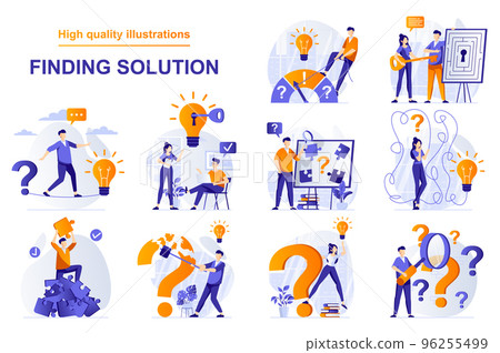 Finding solution web concept with people scenes set in flat style. Bundle of brainstorming, human creativity, generate ideas, thinking questions, challenge. Vector illustration with character design 96255499
