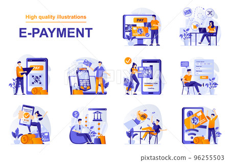 E-payment web concept with people scenes set in flat style. Bundle of secure mobile payment with credit card, paying digital receipt in online banking. Vector illustration with character design E-payment web concept with people scenes set in flat style. Bundle of secure mobile payment with credit card, paying digital receipt in online banking. Vector illustration with character design 96255503