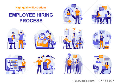 Employee hiring process web concept with people scenes set in flat style. Bundle of human resources, choose resume, open vacancy in office, job interview. Vector illustration with character design Employee hiring process web concept with people scenes set in flat style. Bundle of human resources, choose resume, open vacancy in office, job interview. Vector illustration with character design 96255507