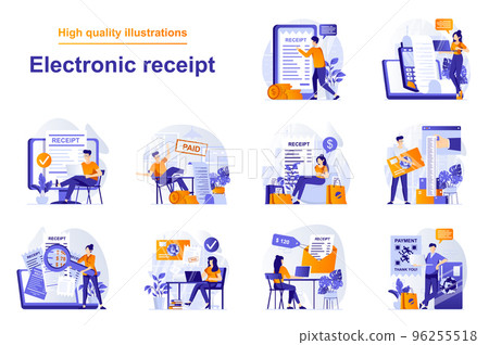 Electronic receipt web concept with people scenes set in flat style. Bundle of online payment with digital invoice, financial transactions via mobile app. Vector illustration with character design 96255518