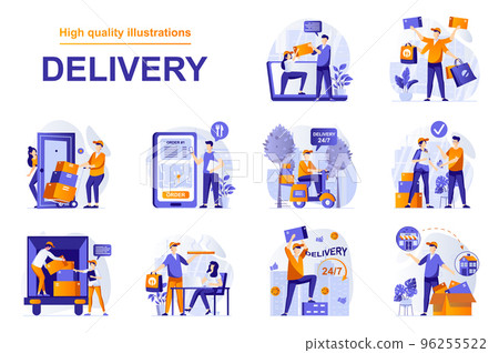 Delivery service web concept with people scenes set in flat style. Bundle of ordering food with courier delivering, fast shipping, logistic transportation. Vector illustration with character design Delivery service web concept with people scenes set in flat style. Bundle of ordering food with courier delivering, fast shipping, logistic transportation. Vector illustration with character design 96255522