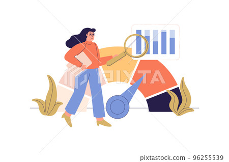 Benchmarking web concept with people scene. Woman analyzing data and comparing quality with competitor companies. Marketing tool for business. Character situation in flat design. Vector illustration. 96255539