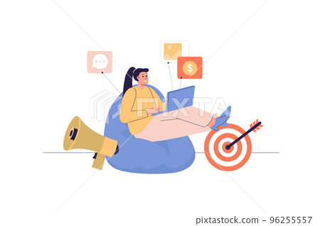 Digital marketing web concept with people scene. Woman making targeting and advertising for business promotion at social media and blogs. Character situation in flat design. Vector illustration. 96255557
