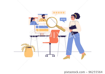 Recruitment web concept with people scene. Woman with magnifier searching and selecting best candidates. Hiring process and human resources. Character situation in flat design. Vector illustration. Recruitment web concept with people scene. Woman with magnifier searching and selecting best candidates. Hiring process and human resources. Character situation in flat design. Vector illustration. 96255564