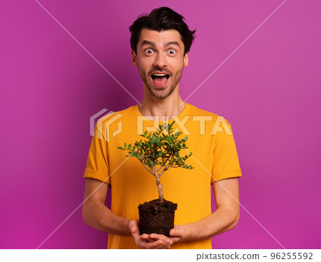Happy boy holds a small tree ready to be planted over a light color. concept of forestation, ecology and conservation Happy boy holds a small tree ready to be planted over a light color. concept of forestation, ecology and conservation 96255592