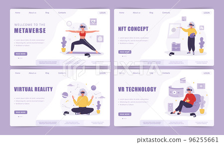 Metaverse landing page template collection. Elderly women wearing VR glasses. Augment reality or Cyberspace concept. Modern technology entertainment. Vector illustration in flat cartoon style Metaverse landing page template collection. Elderly women wearing VR glasses. Augment reality or Cyberspace concept. Modern technology entertainment. Vector illustration in flat cartoon style 96255661