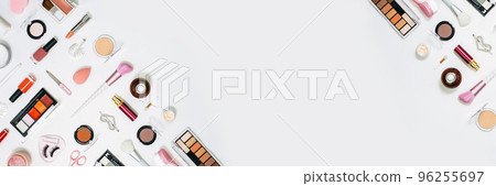 Feminine makeup pink red orange palette accessories with nail polish manicure tools on white background. Flat lay pattern with copy space, beauty and cosmetics blogger concept banner Feminine makeup pink red orange palette accessories with nail polish manicure tools on white background. Flat lay pattern with copy space, beauty and cosmetics blogger concept banner 96255697