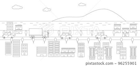 Landscape illustration of a city / road where you can see the sea and nature (line drawing) 96255901