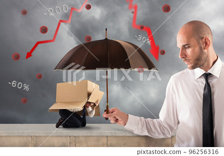 Concept of assistance in your business with a big businessman that holds an umbrella 96256316