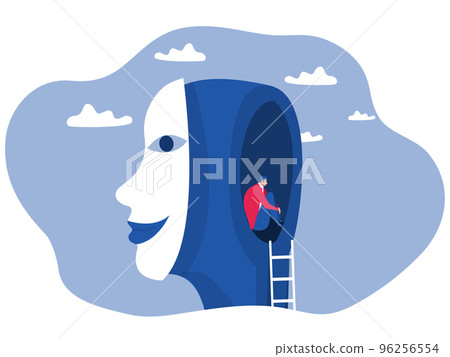 imposter syndrome, man with masks with happy or sad expressions. imposter syndrome, man with masks with happy or sad expressions. 96256554