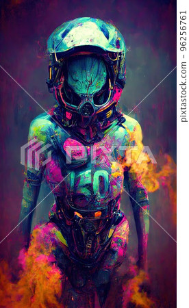 Portrait of a neon spaceman from the future. An astronaut posing in an astronaut costume and space helmet in the middle of multicolored smoke. Perfect for phone wallpaper or for posters. 96256761
