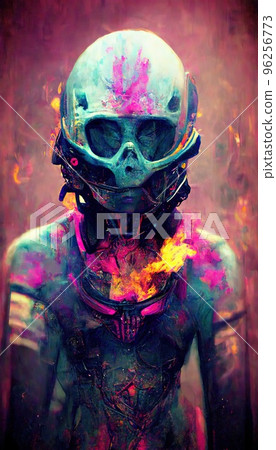 Portrait of a neon spaceman from the future. An astronaut posing in an astronaut costume and space helmet in the middle of multicolored smoke. Perfect for phone wallpaper or for posters. 96256773
