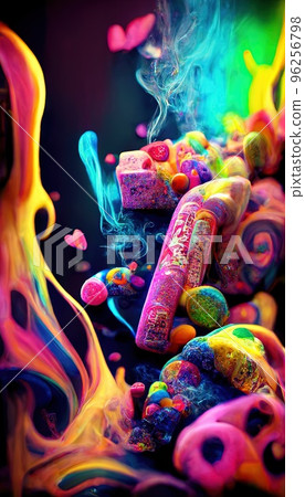 Goodies and sweets mixed in an abstract miraculous rainbow holiday flow. Lots of colorful colors, candy, fruit jellies, and rainbows. A colorful wonderful dream illusion. Colorful, sweet surrealism. 96256798