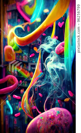 Goodies and sweets mixed in an abstract miraculous rainbow holiday flow. Lots of colorful colors, candy, fruit jellies, and rainbows. A colorful wonderful dream illusion. Colorful, sweet surrealism. 96256799
