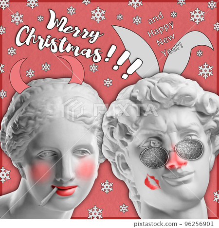 Contemporary art collage with two face of ancient statues in funky xmas decor. Drunk funny young woman and man. New Year's moods. Crazy concept of holidays, party, 2023 New Year and Merry Christmas. Contemporary art collage with two face of ancient statues in funky xmas decor. Drunk funny young woman and man. New Year's moods. Crazy concept of holidays, party, 2023 New Year and Merry Christmas. 96256901