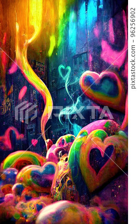 Abstract multicolor magical surrealism. Lots of colored paint, ink, fuzzy hearts, rainbows and multicolored smoke. Colorful wonderful unreality from dreams. Perfect for phone wallpaper or for posters. Abstract multicolor magical surrealism. Lots of colored paint, ink, fuzzy hearts, rainbows and multicolored smoke. Colorful wonderful unreality from dreams. Perfect for phone wallpaper or for posters. 96256902