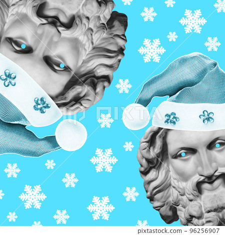 Contemporary art collage with head of ancient statue in funky xmas decor. Crazy concept of holidays, party, 2023 New Year and Merry Christmas in surrealism style. New Year's Santa Claus funny moods. Contemporary art collage with head of ancient statue in funky xmas decor. Crazy concept of holidays, party, 2023 New Year and Merry Christmas in surrealism style. New Year's Santa Claus funny moods. 96256907