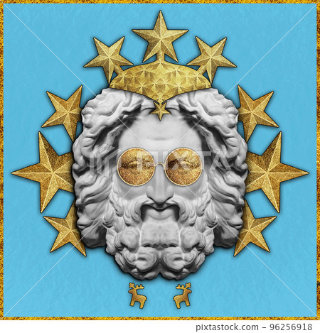 Contemporary art collage with head of ancient statue in funky xmas decor. Crazy concept of holidays, party, 2023 New Year and Merry Christmas in surrealism style. New Year's Santa Claus funny moods. 96256918