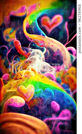 Abstract multicolor magical surrealism. Lots of colored paint, ink, fuzzy hearts, rainbows and multicolored smoke. Colorful wonderful unreality from dreams. Perfect for phone wallpaper or for posters. 96256968
