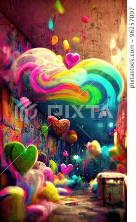 Abstract multicolor magical surrealism. Lots of colored paint, ink, fuzzy hearts, rainbows and multicolored smoke. Colorful wonderful unreality from dreams. Perfect for phone wallpaper or for posters. 96257007