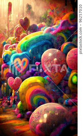 Abstract multicolor magical surrealism. Lots of colored paint, ink, fuzzy hearts, rainbows and multicolored smoke. Colorful wonderful unreality from dreams. Perfect for phone wallpaper or for posters. 96257010