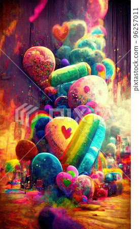 Abstract multicolor magical surrealism. Lots of colored paint, ink, fuzzy hearts, rainbows and multicolored smoke. Colorful wonderful unreality from dreams. Perfect for phone wallpaper or for posters. 96257011