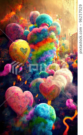 Abstract multicolor magical surrealism. Lots of colored paint, ink, fuzzy hearts, rainbows and multicolored smoke. Colorful wonderful unreality from dreams. Perfect for phone wallpaper or for posters. 96257029