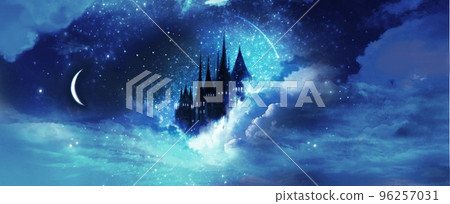 Castle, moon and starry sky landscape background illustration like a fairy tale in space 96257031