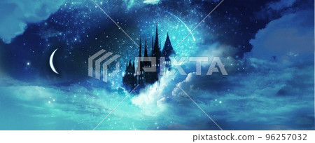 城堡、月亮和星空景觀背景插圖就像太空中的童話 96257032