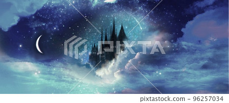 城堡、月亮和星空景觀背景插圖就像太空中的童話 城堡、月亮和星空景觀背景插圖就像太空中的童話 96257034