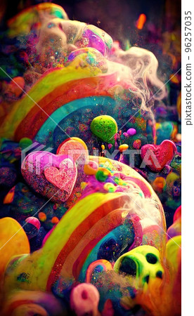 Abstract multicolor magical surrealism. Lots of colored paint, ink, fuzzy hearts, rainbows and multicolored smoke. Colorful wonderful unreality from dreams. Perfect for phone wallpaper or for posters. Abstract multicolor magical surrealism. Lots of colored paint, ink, fuzzy hearts, rainbows and multicolored smoke. Colorful wonderful unreality from dreams. Perfect for phone wallpaper or for posters. 96257035