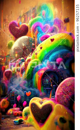Abstract multicolor magical surrealism. Lots of colored paint, ink, fuzzy hearts, rainbows and multicolored smoke. Colorful wonderful unreality from dreams. Perfect for phone wallpaper or for posters. 96257135