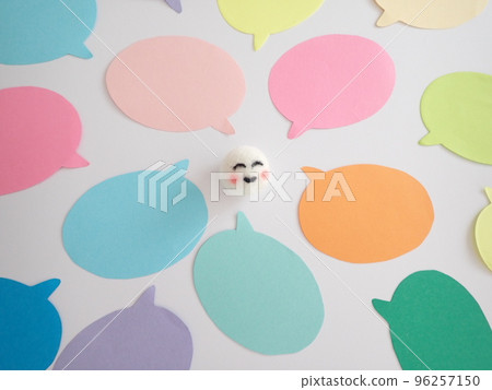 Wool felt smile in the center of many speech bubbles 96257150