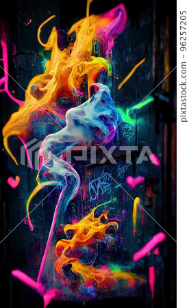 Abstract smoke multicolored on black background. A wall splattered with colored paint, surrounded by colored smoke. Perfect for phone wallpaper or for posters Abstract smoke multicolored on black background. A wall splattered with colored paint, surrounded by colored smoke. Perfect for phone wallpaper or for posters 96257205