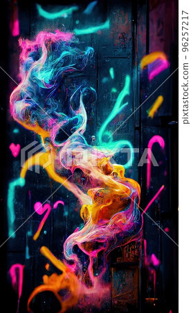 Abstract smoke multicolored on black background. A wall splattered with colored paint, surrounded by colored smoke. Perfect for phone wallpaper or for posters Abstract smoke multicolored on black background. A wall splattered with colored paint, surrounded by colored smoke. Perfect for phone wallpaper or for posters 96257217