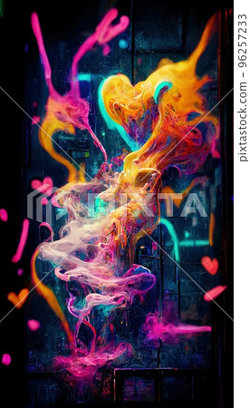 Abstract smoke multicolored on black background. A wall splattered with colored paint, surrounded by colored smoke. Perfect for phone wallpaper or for posters 96257233
