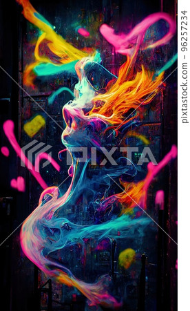 Abstract smoke multicolored on black background. A wall splattered with colored paint, surrounded by colored smoke. Perfect for phone wallpaper or for posters 96257234
