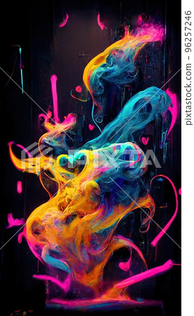 Abstract smoke multicolored on black background. A wall splattered with colored paint, surrounded by colored smoke. Perfect for phone wallpaper or for posters Abstract smoke multicolored on black background. A wall splattered with colored paint, surrounded by colored smoke. Perfect for phone wallpaper or for posters 96257246