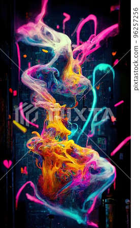 Abstract smoke multicolored on black background. A wall splattered with colored paint, surrounded by colored smoke. Perfect for phone wallpaper or for posters 96257256