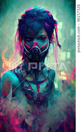 Portrait of a girl in a futuristic cyberpunk style in neon clothes. A high-tech man from the future. The concept of virtual reality and cyberpunk. Perfect for phone wallpaper or for posters. 96257326