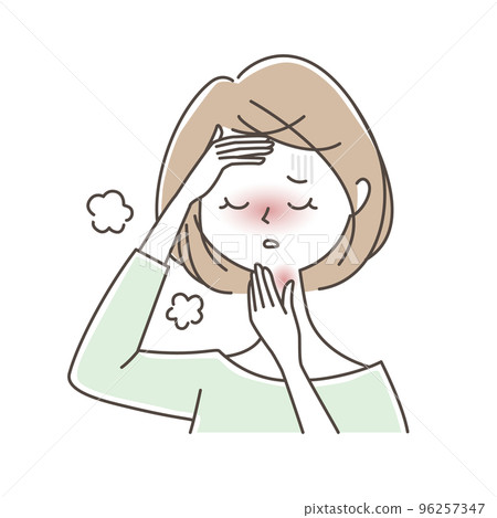 Illustration of a woman with swollen tonsils and fever 96257347