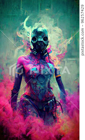 Portrait of a girl in a futuristic cyberpunk style in neon clothes. A high-tech man from the future. The concept of virtual reality and cyberpunk. Perfect for phone wallpaper or for posters. 96257429