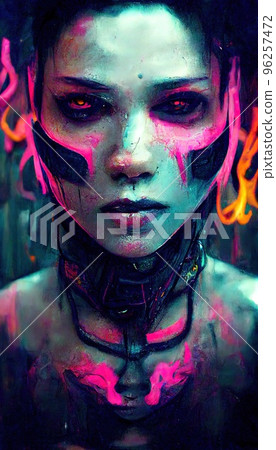 Portrait of a girl in a futuristic cyberpunk style in neon clothes. A high-tech man from the future. The concept of virtual reality and cyberpunk. Perfect for phone wallpaper or for posters. 96257472