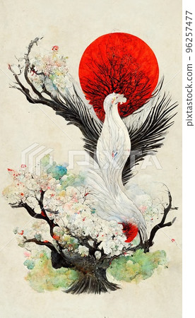 A beautiful bird on a sakura against the red sun. An abstract drawing. Perfect for phone wallpaper or for posters. 96257477