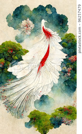 A beautiful bird on a sakura against the red sun. An abstract drawing. Perfect for phone wallpaper or for posters. 96257479