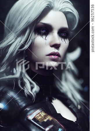 A fictional person, not based on a real person. Portrait of a sci-fi cyberpunk girl. High-tech futuristic woman from the future. The concept of virtual reality and cyberpunk. 3D render. A fictional person, not based on a real person. Portrait of a sci-fi cyberpunk girl. High-tech futuristic woman from the future. The concept of virtual reality and cyberpunk. 3D render. 96257536